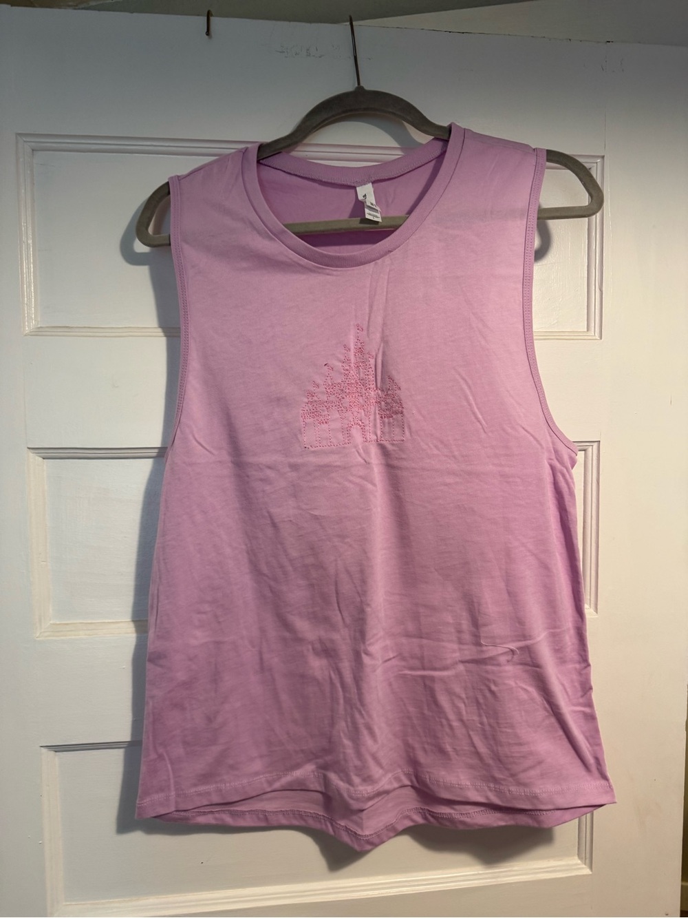 Bella Canvas Light Pink Muscle Tee with embroidered Castle